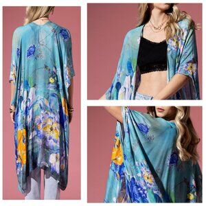 Colorful Floral Print Lightweight Kimono - Watercolor Effect Background
